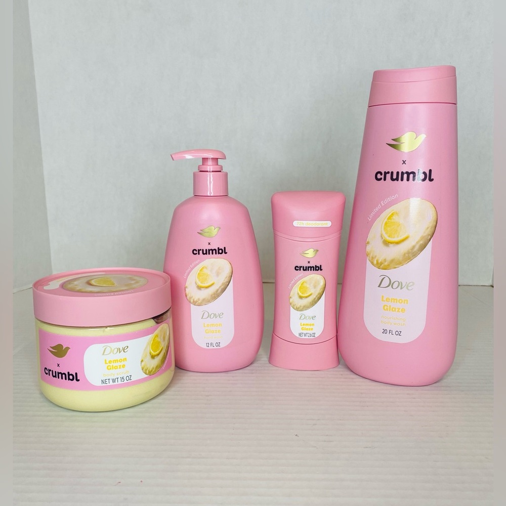 Dove X Crumbl Limited Lemon Glaze Body Wash, Body Scrub, Deodorant, Hand Soap.